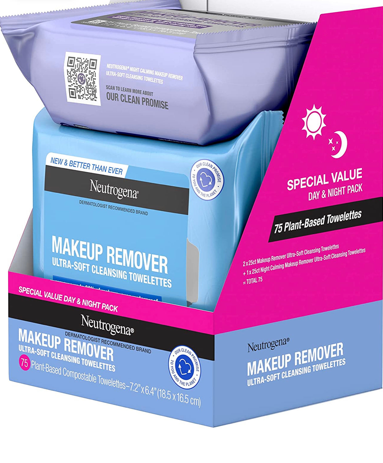 Neutrogena Day & Night Wipes with Makeup Remover Face Cleansing Towelettes & Night Calming Facial Cloths, Alcohol-Free Wipes