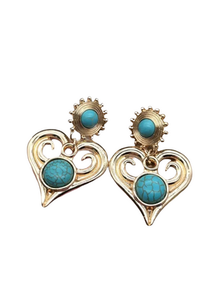 Beautiful heart shaped gold and turquoise drop earrings