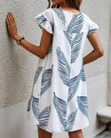 Plant print ruffle flounce sleeve smock dress