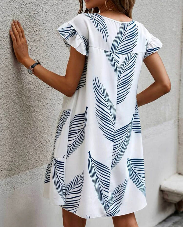 Plant print ruffle flounce sleeve smock dress