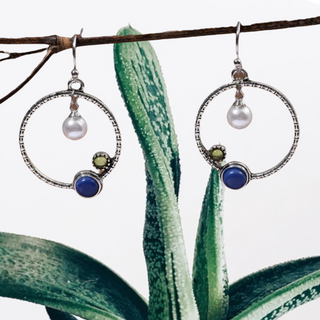 Circle & faux pearl peridot and lapis lazuli inspired hoop dangle earrings