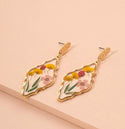 Flower engraved geo drop earrings