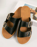 Black vegan leather dual buckle wide fit slide sandals