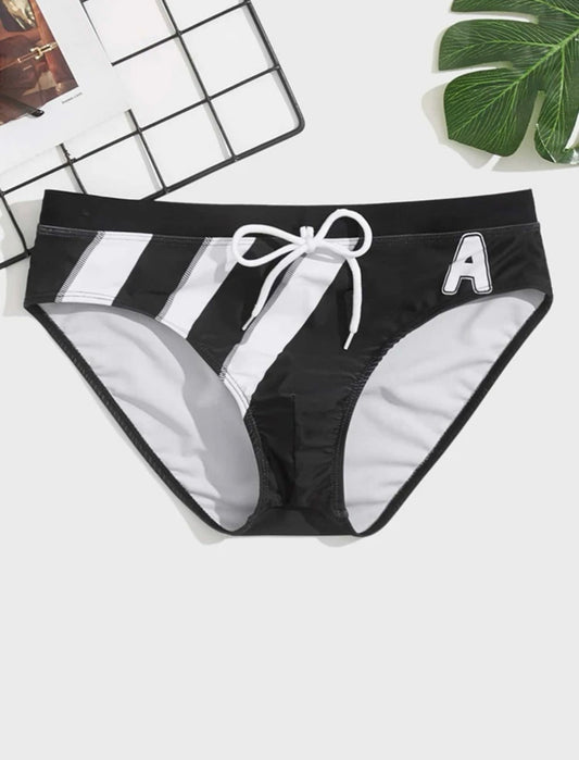 Men Striped And Letter Graphic Drawstring Waist Swim Brief