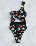 Floral ring linked contrast mesh one piece swimsuit