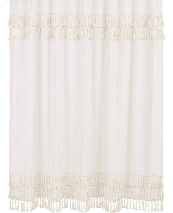 Minimalist Boho Chic Solid Ivory Cream Macrame Fringe Knotted Tassel Decorative Bathroom Fabric Bath Shower Curtain