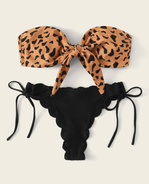 Graphic print knot front bandeau bikini swimsuit