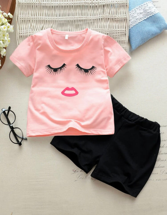 Toddler Girls Eyes & Lip Print Tee With Shorts