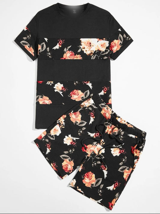 Men’s floral print top and drawstring waist shorts set