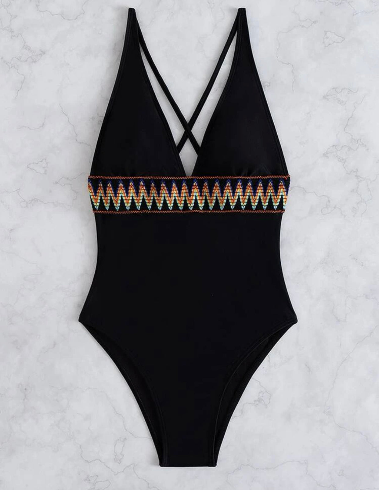 Geo tape plunging one piece swimsuit