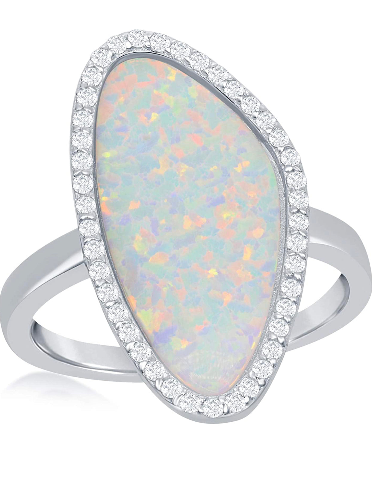 Sterling Silver Oval Created White Opal with CZ Border Ring