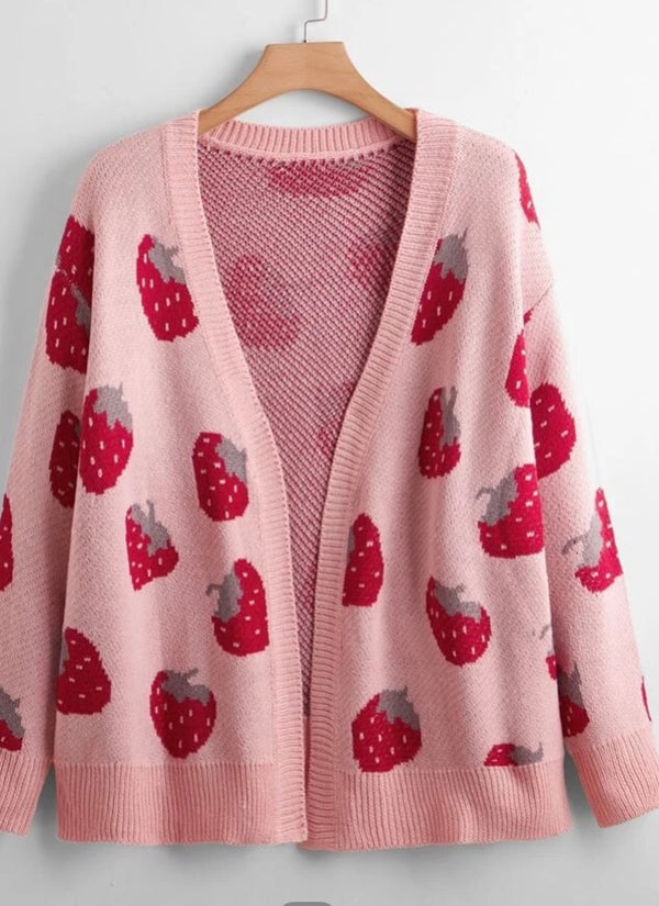 Plus Strawberry Pattern Drop Shoulder Cardigan