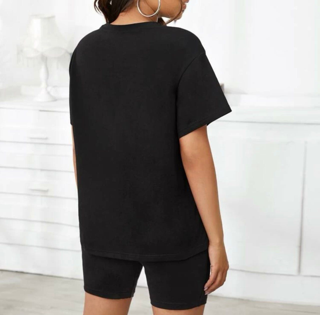 Drop shoulder tee and skinny shorts set without bag