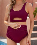Maternity ruched side cut out high waisted bikini swimsuit