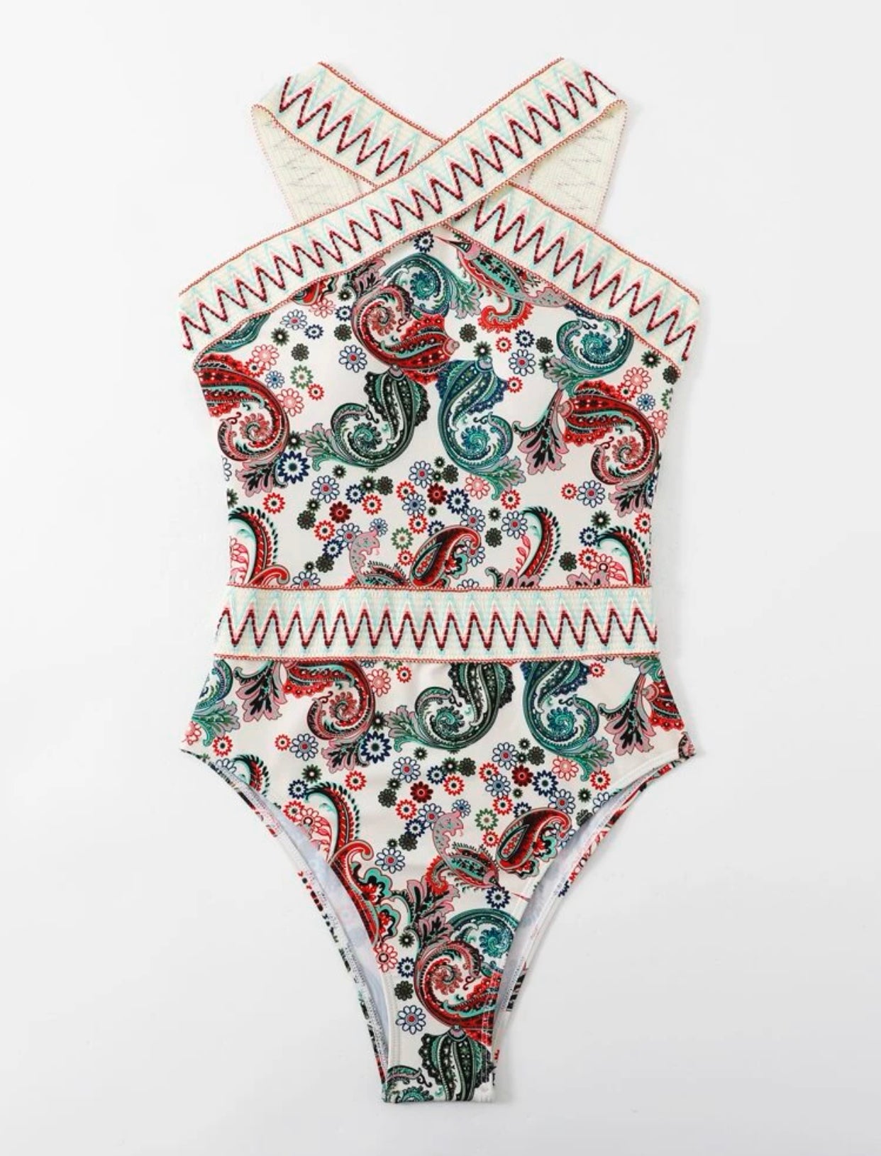 Paisley chevron stripe tape high neck one piece swimsuit