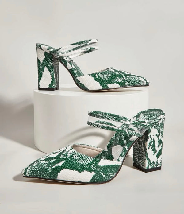 Vegan Snakeskin embossed point toe chunky heeled mules
