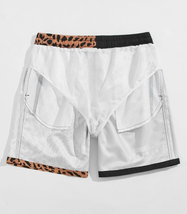 Men’s letter & leopard spliced swim trunks