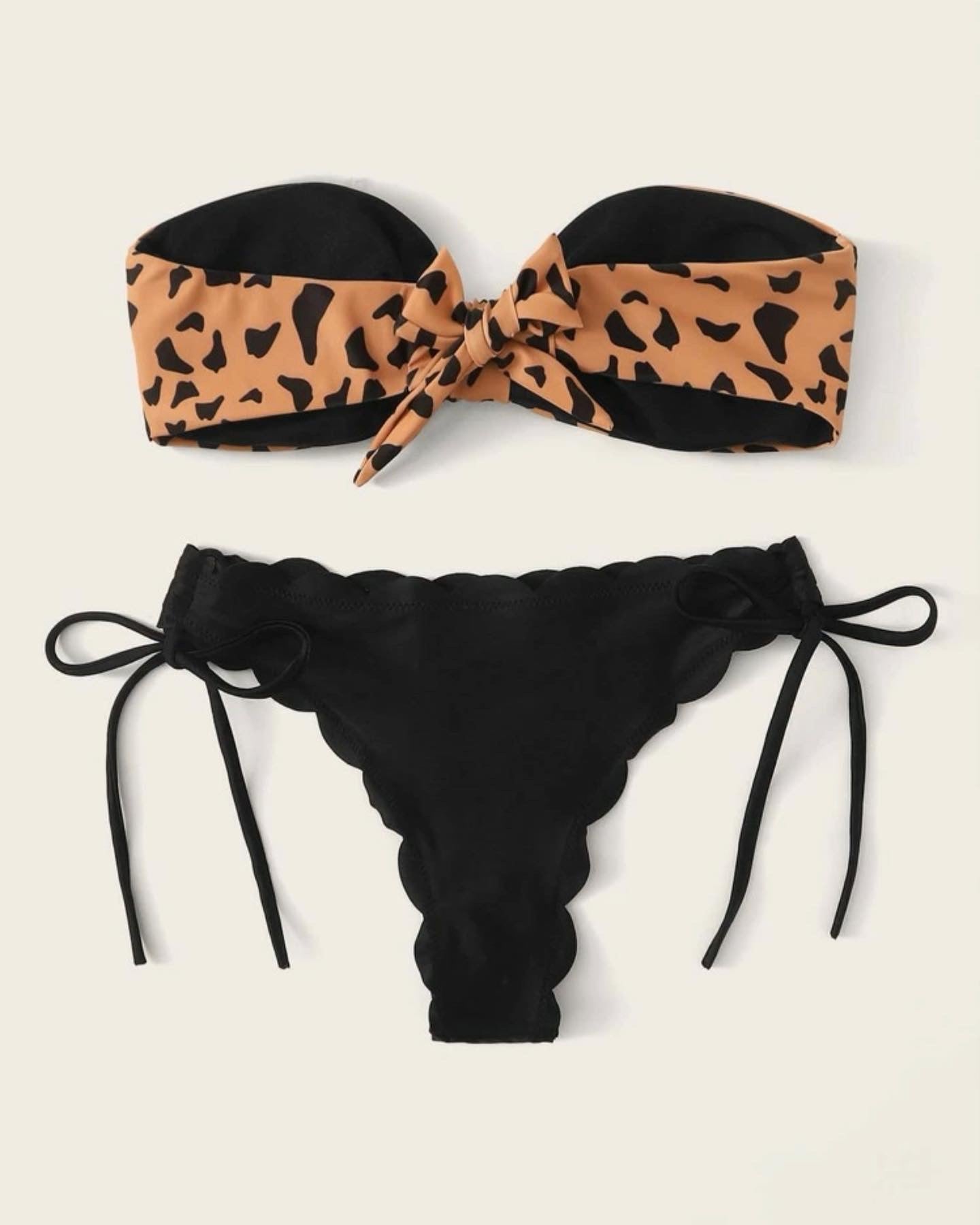 Graphic print knot front bandeau bikini swimsuit
