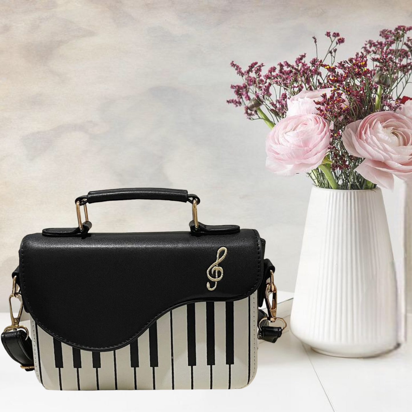 Piano print music note embroidered square bag