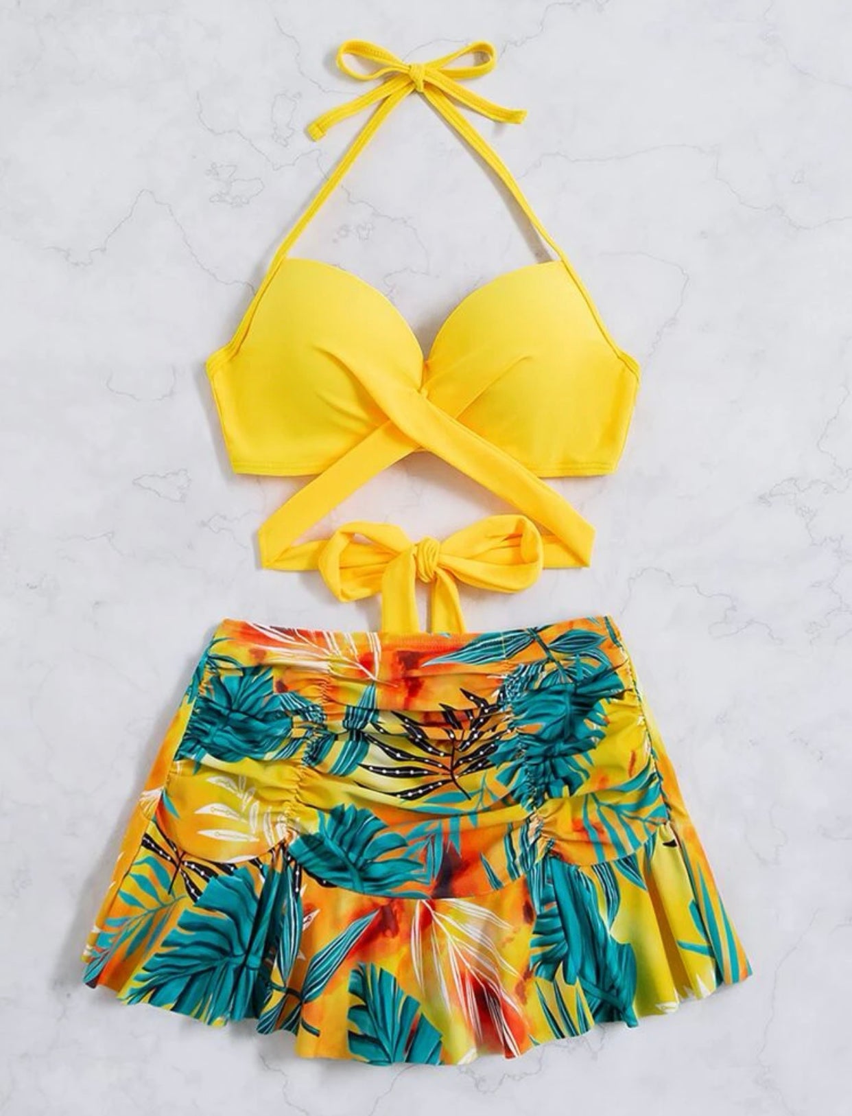 Plant print wrap halter skort bikini swimsuit