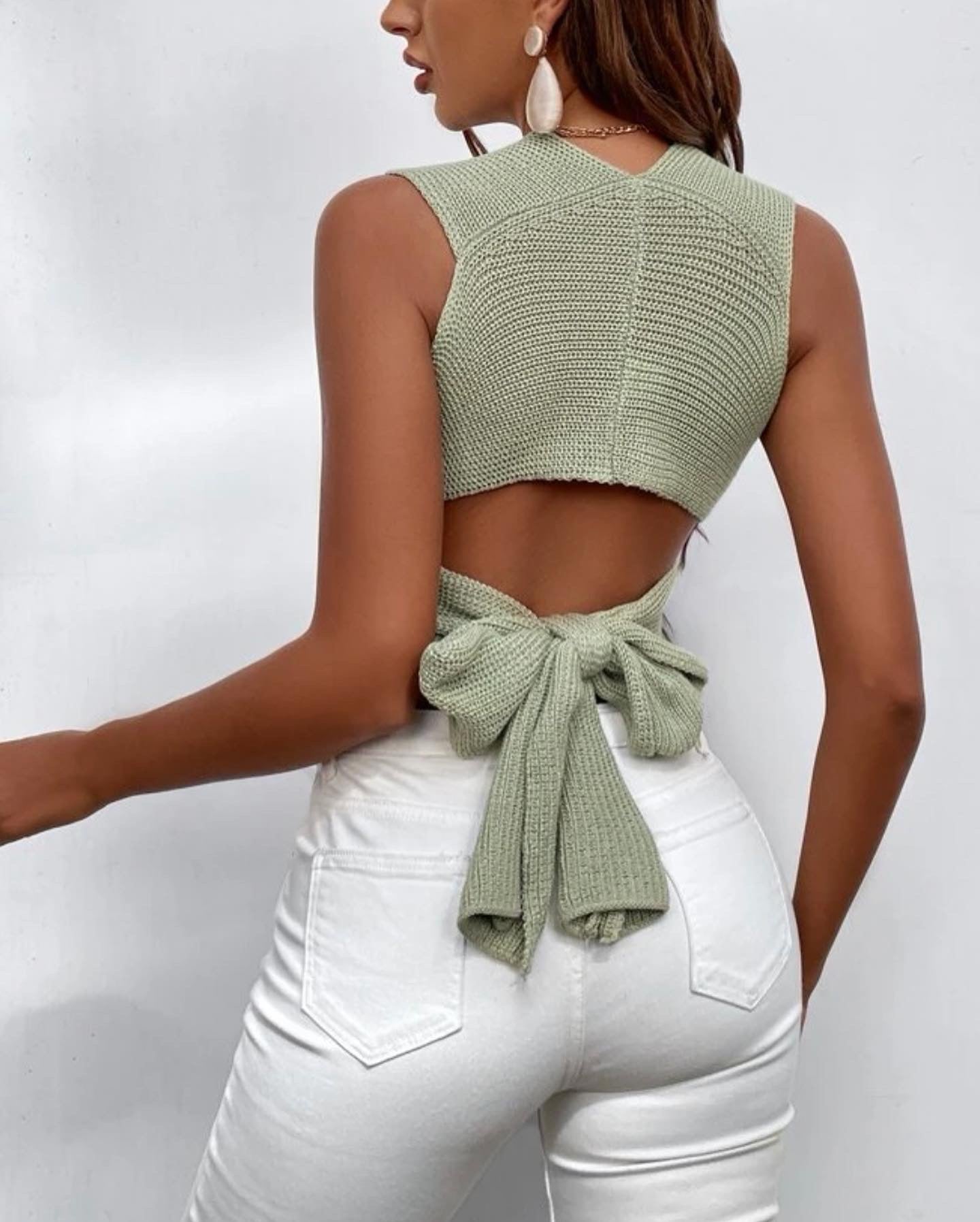Wrap knot back crop knit top