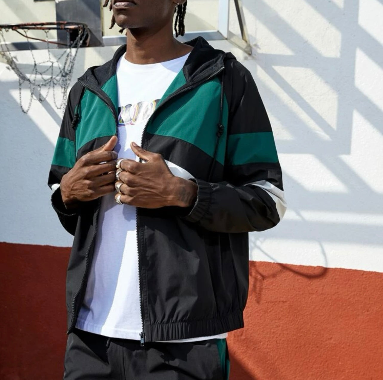 Men colorblock drawstring hooded sports set