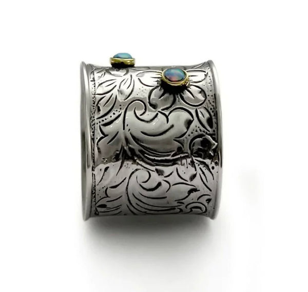 Vintage Sliver Color blue Opal style Petal Pattern Rings