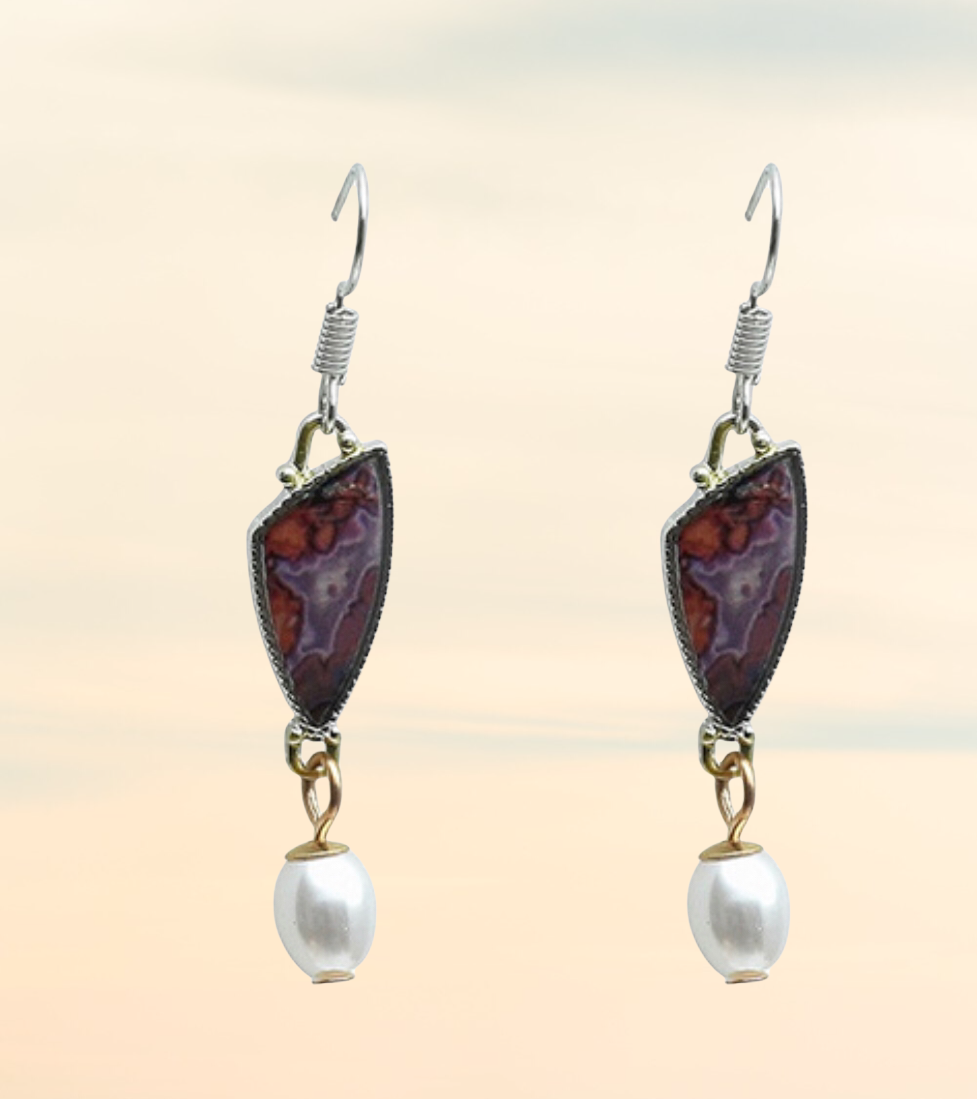 Retro agate inspired geometric Pearl dangle earrings
