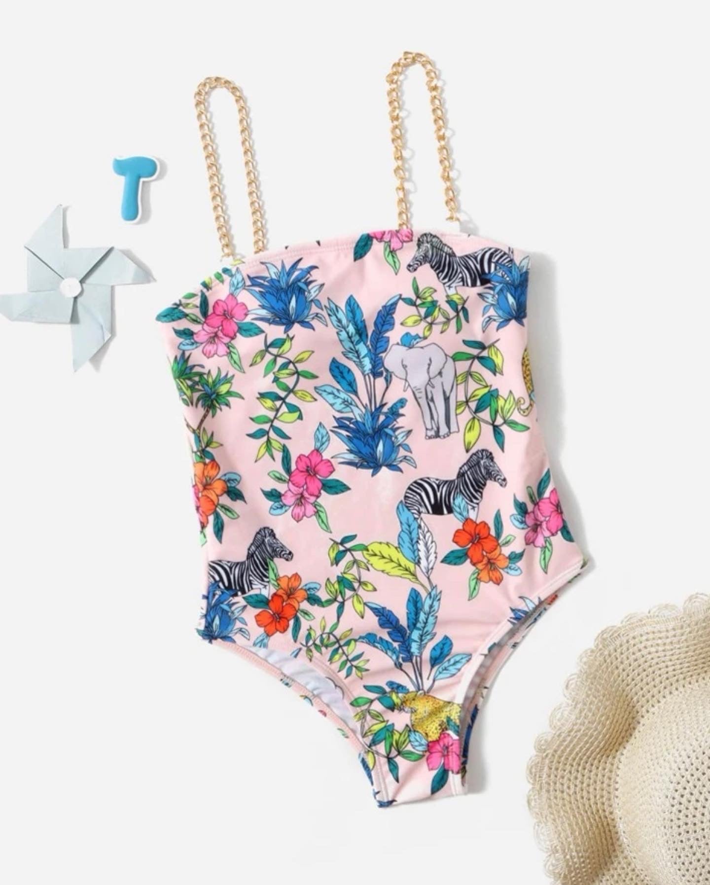 Girls floral print chain linked one piece swimsuit