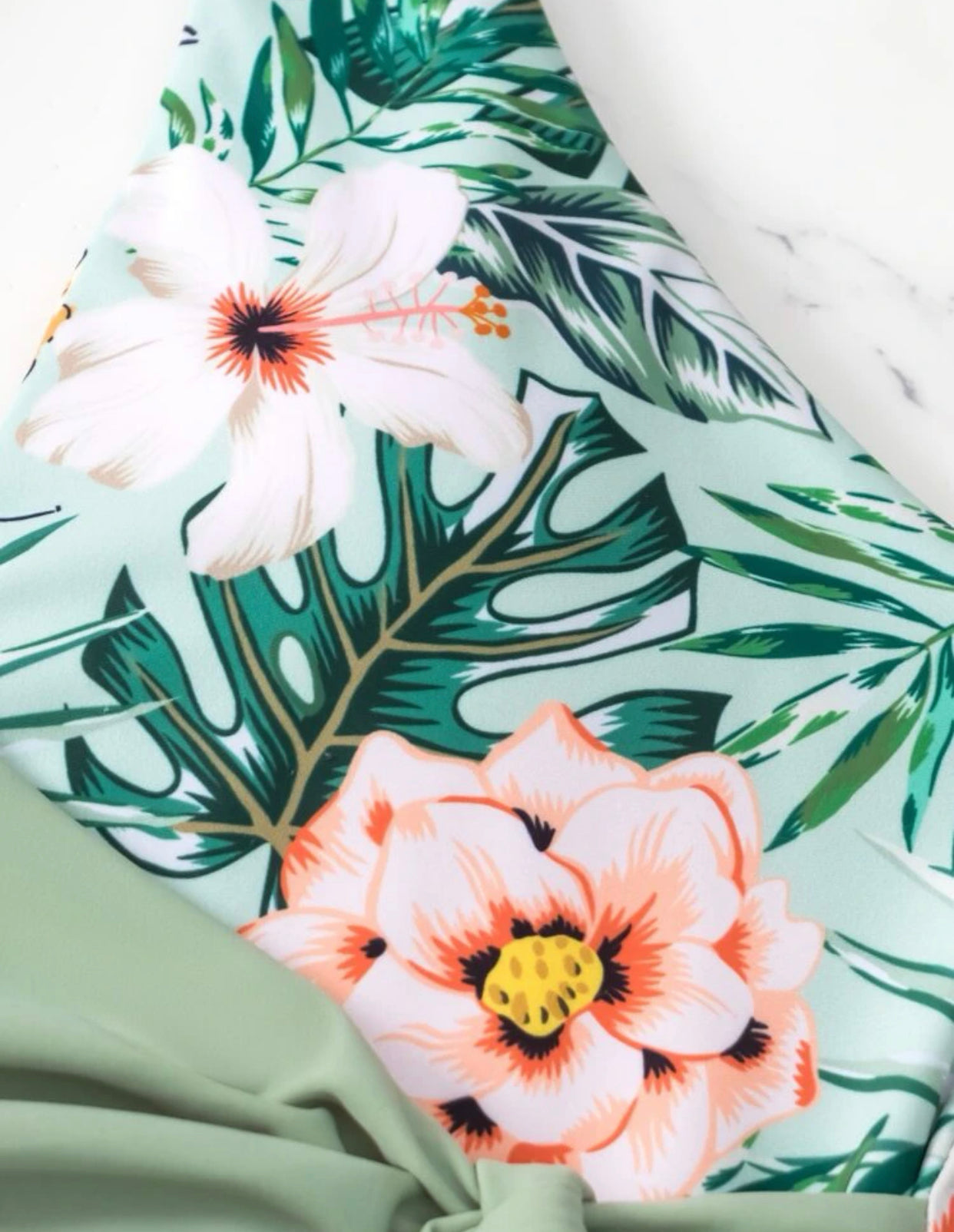 Tropical print knot side belted one piece swimsuit