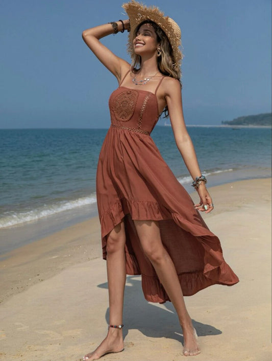 Lace insert asymmetric ruffle hem slip dress