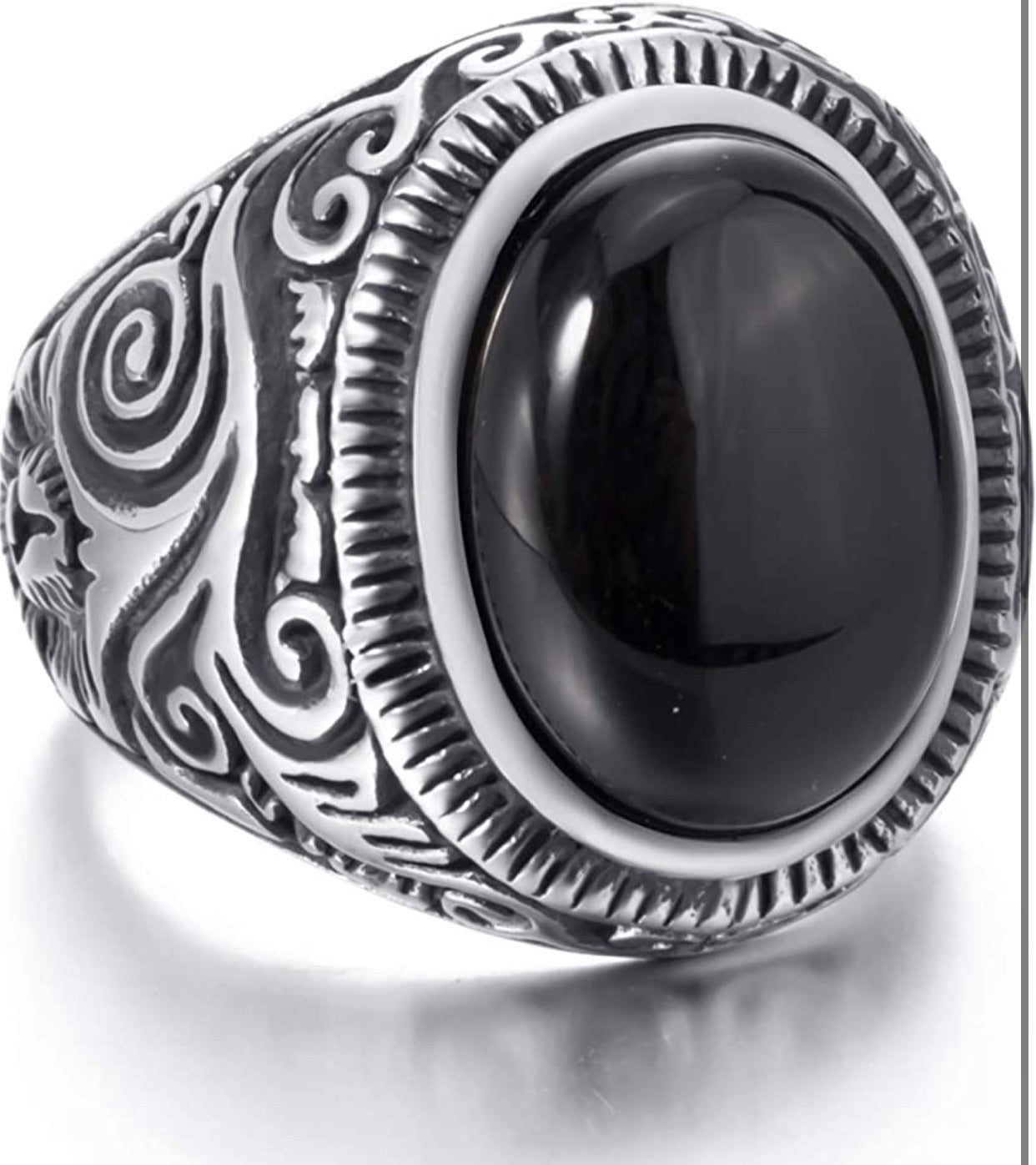 Men Stainless Steel Natural Oval Black Onyx Gem Ring - Christina’s unique boutique LLC