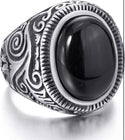 Men Stainless Steel Natural Oval Black Onyx Gem Ring - Christina’s unique boutique LLC