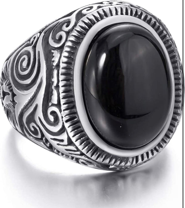 Men Stainless Steel Natural Oval Black Onyx Gem Ring - Christina’s unique boutique LLC