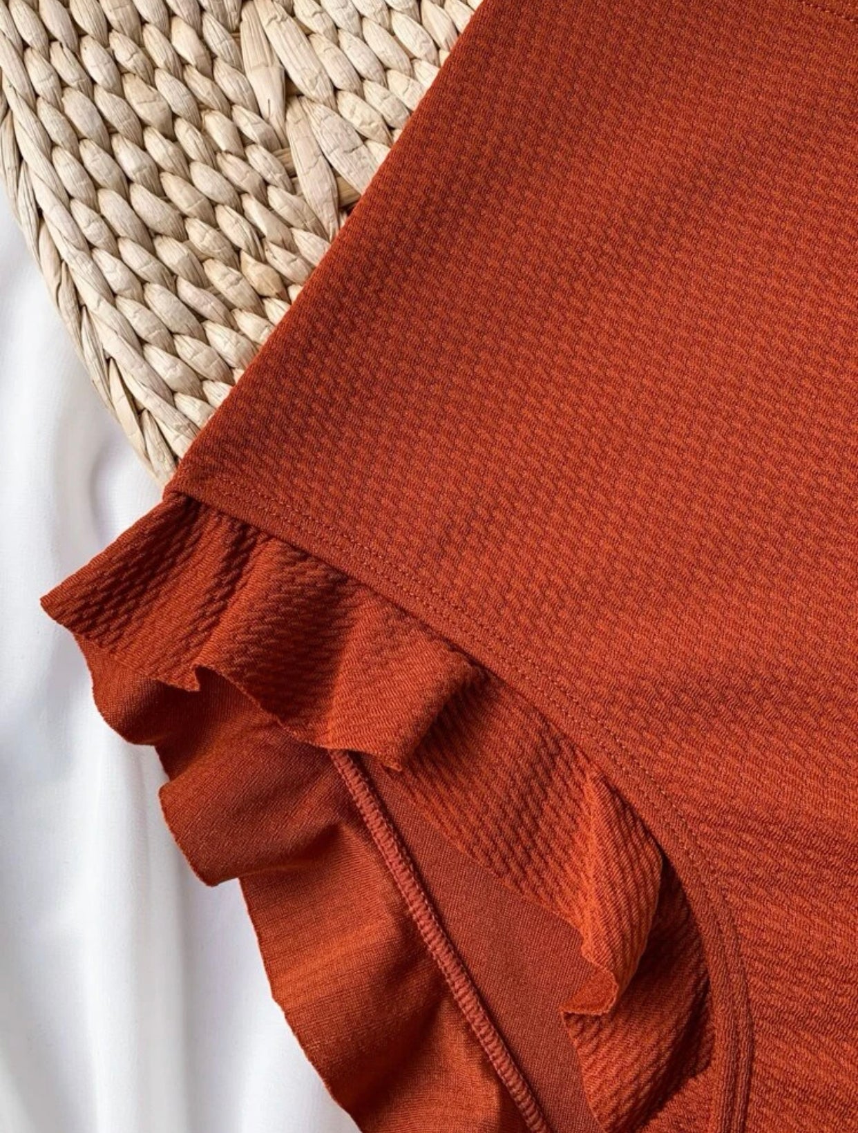 Rust brown ruffle trim high waisted bikini swimsuit