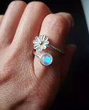 Bohemian Leaf Flower Moonstone Opal Opening Womens Ring For Fine Daisy Female Rings