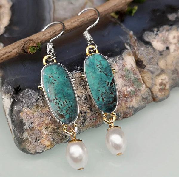 Green/blue turquoise and Pearl inspired dangle earrings. - Christina’s unique boutique LLC