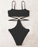 Textured ring linked cut-out one piece swimsuit