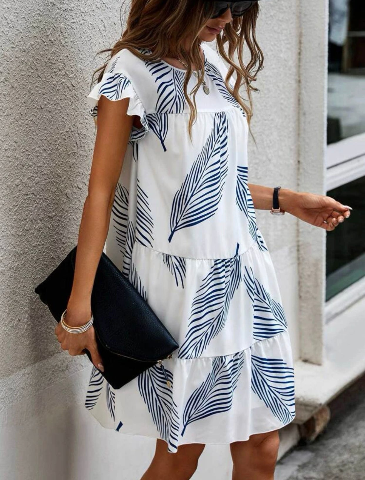 Plant print ruffle flounce sleeve smock dress