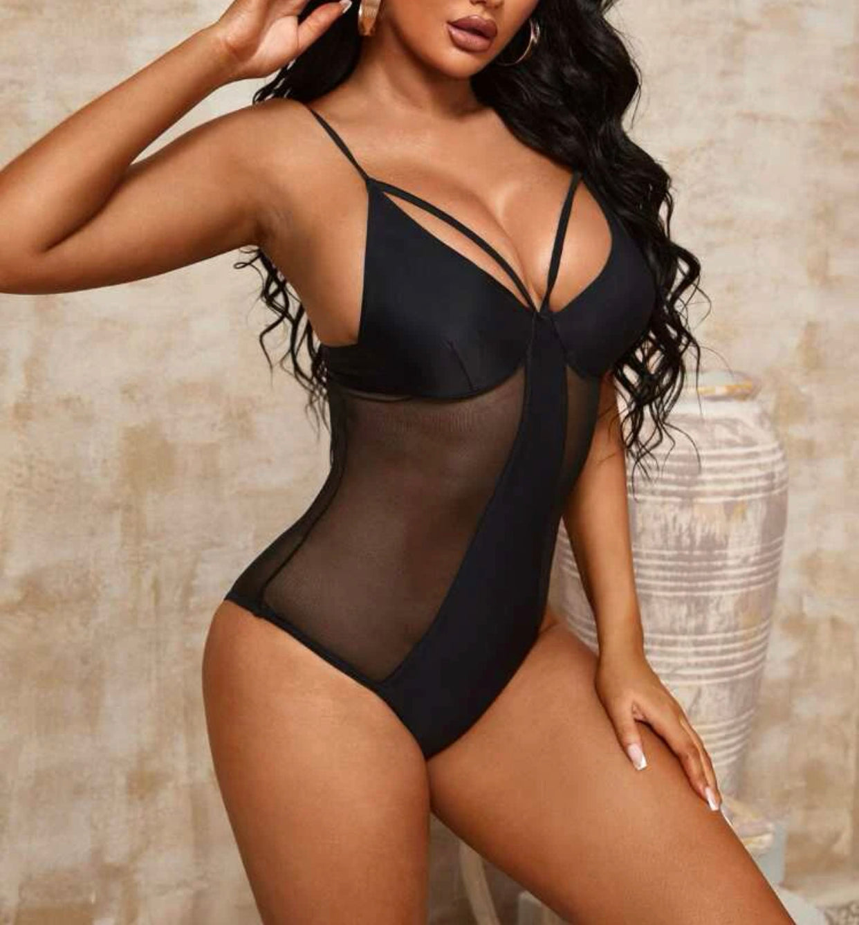 Mesh panel push up one piece swimsuit