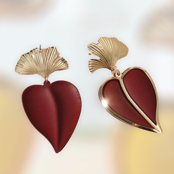 Deep red heart decor drop earrings