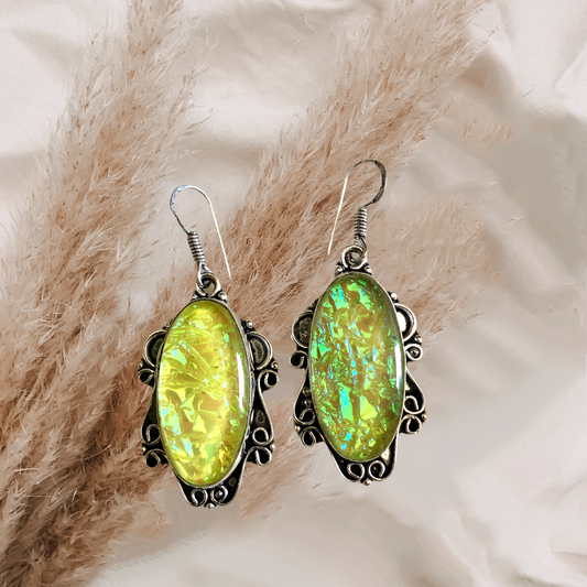 Natural dichroic glass, .925 sterling silver earrings. 55mm.