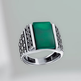 Black Onyx & Green Agate Gemstone Signet Ring For Men. .925 Sterling Silver. Handmade In Turkey.