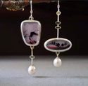 Creative asymmetric pink stone dangle earrings