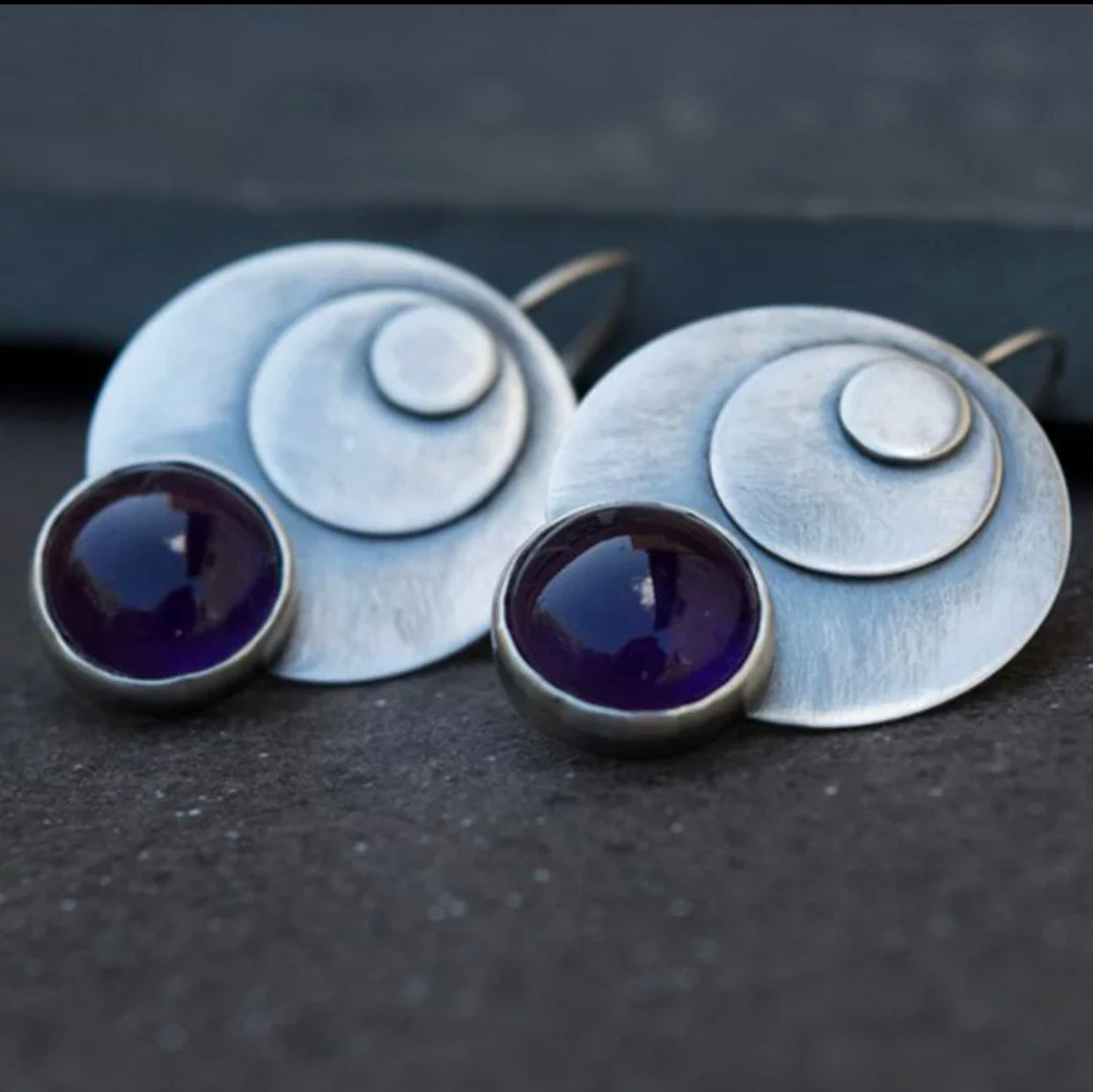 Retro Round Metal Purple Stone Drop Earrings