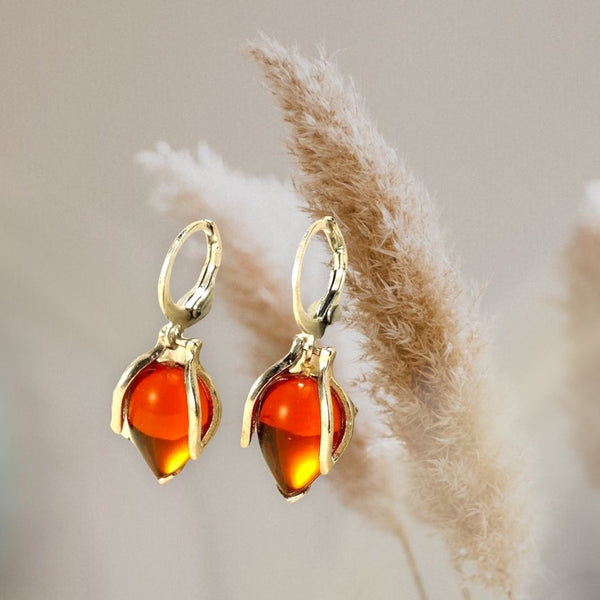 Red/orange moonstone inspired gold coated drop earrings