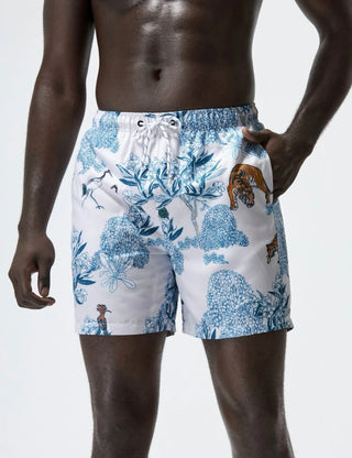 Men floral & animal print drawstring waist swim trunks