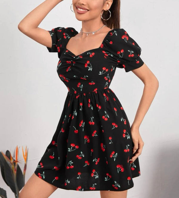 Petite cherry print ruched bust A-line dress