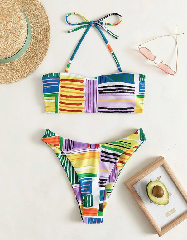 Striped halter bikini swimsuit