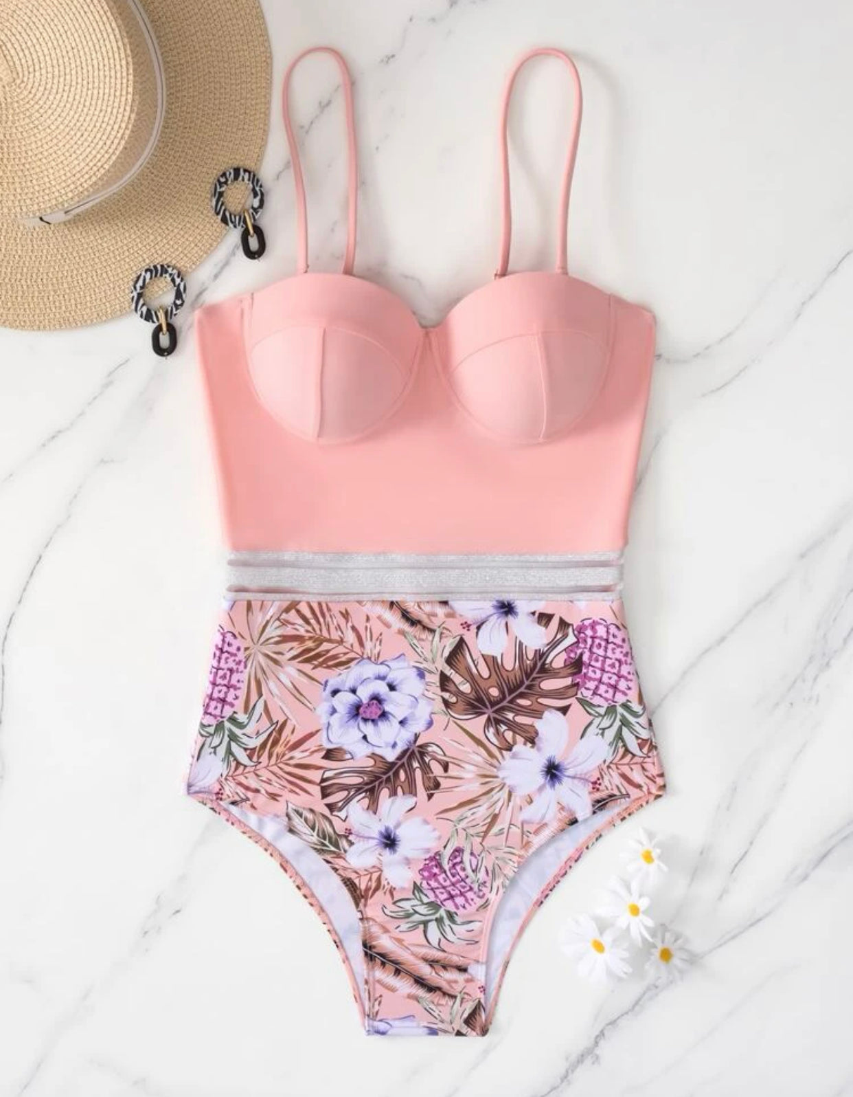 Random tropical & pineapple print push up one piece swimsuit